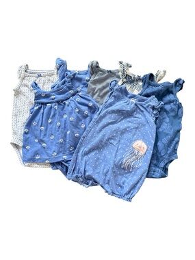 Baby Girl 7PC Blue White Sleeveless Bodysuit Romper Dress Bundle 9M Summer